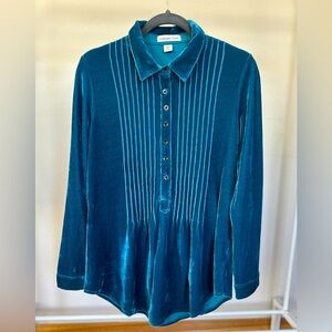 Coldwater Creek Women's Peacock Blue Velvety Pintuck Bal-Collar, Tunic, EUC, XS